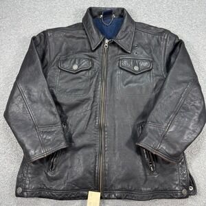 Vintage GAP Leather Jacket Size M Black Fleece Lined Trucker Zip Pockets Biker